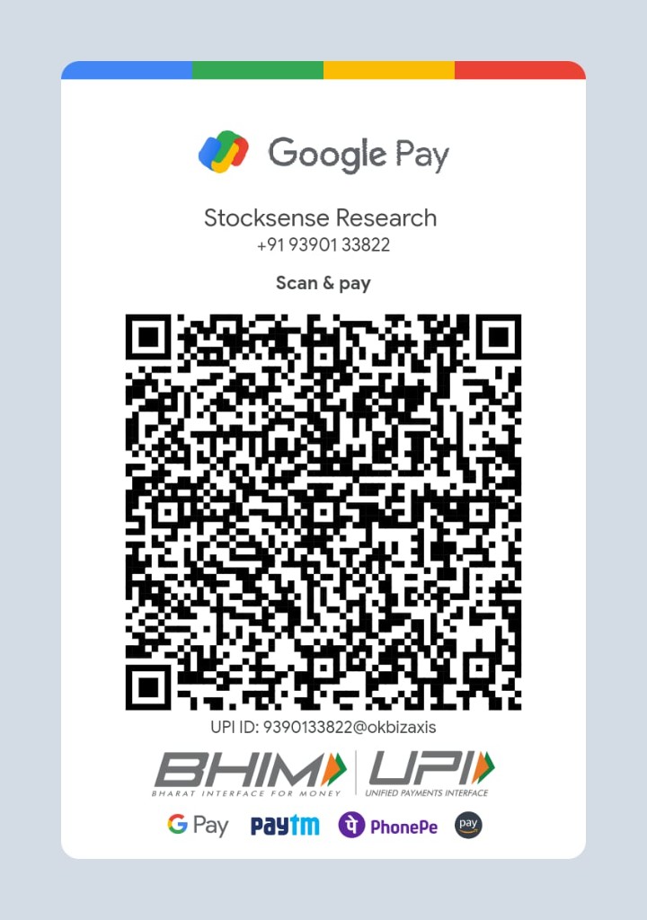 UPI QR code for StockSense Research. Scan to pay 9390133822@okbizaxis